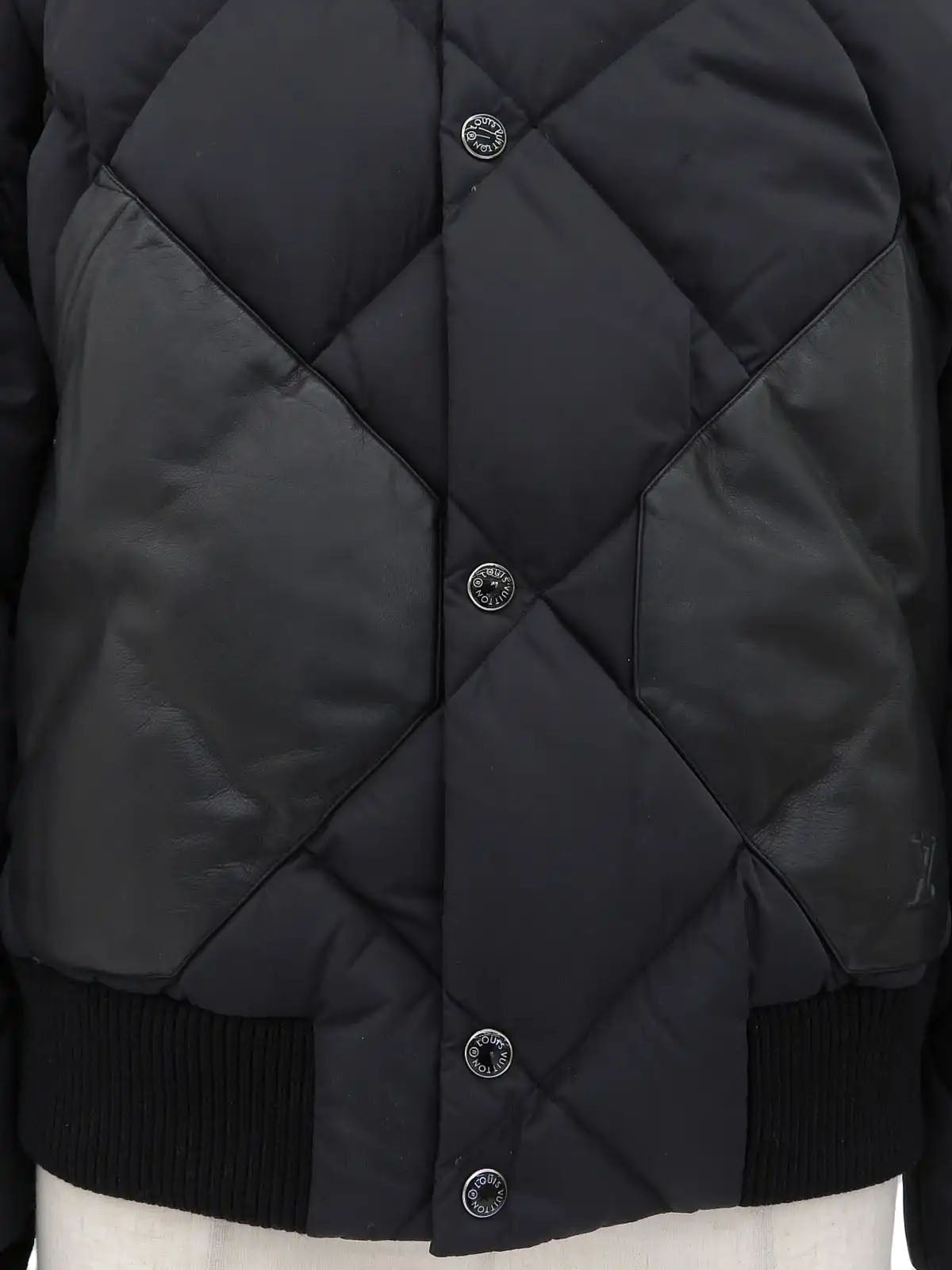 Nylon Leather Combination Logo Button 2-Way Down Jacket in Black