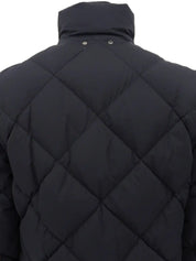 Nylon Leather Combination Logo Button 2-Way Down Jacket in Black
