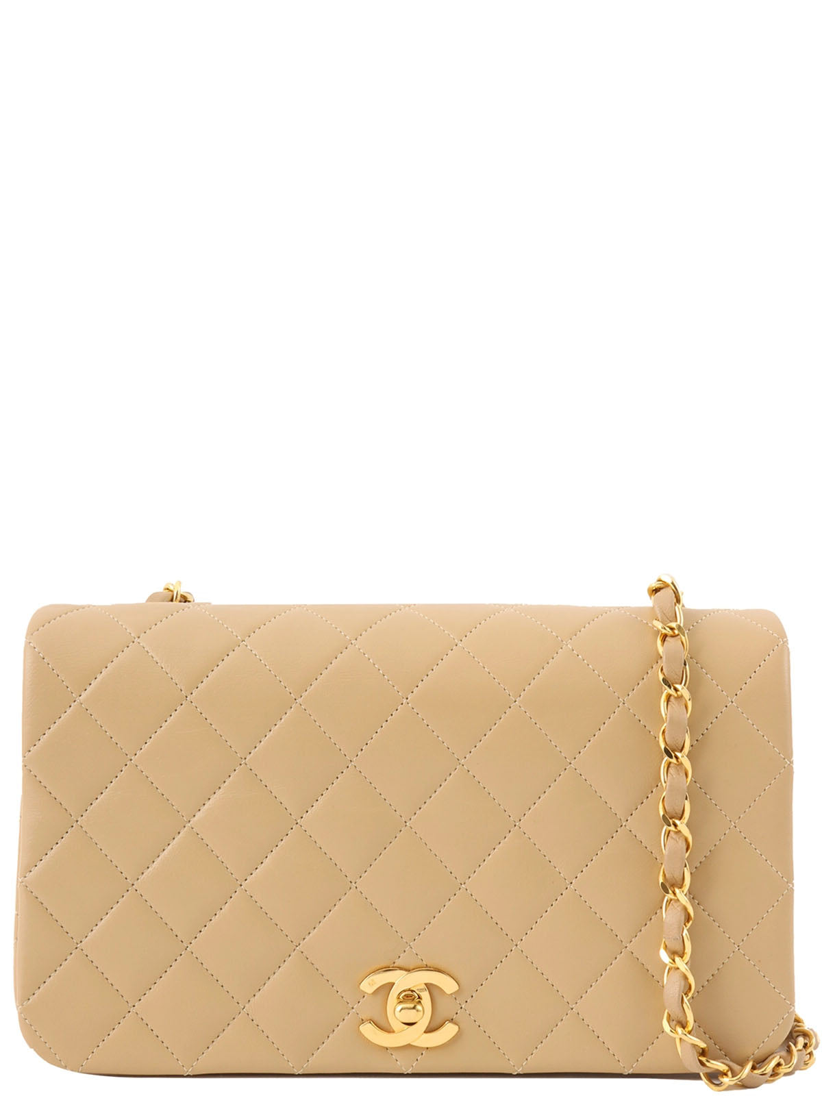 1990s Full Flap Chain Bag, 23cm, Beige