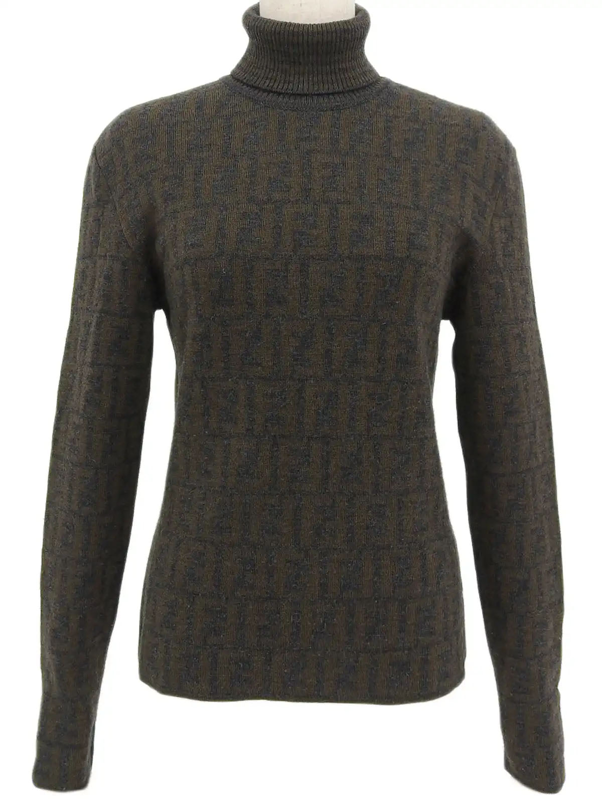 Wool FF Zucca Pattern Turtleneck Knit Top in Gray/Khaki