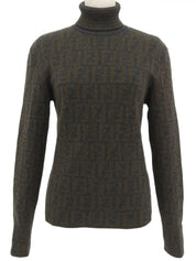 Wool FF Zucca Pattern Turtleneck Knit Top in Gray/Khaki