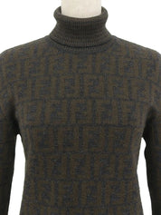 Wool FF Zucca Pattern Turtleneck Knit Top in Gray/Khaki