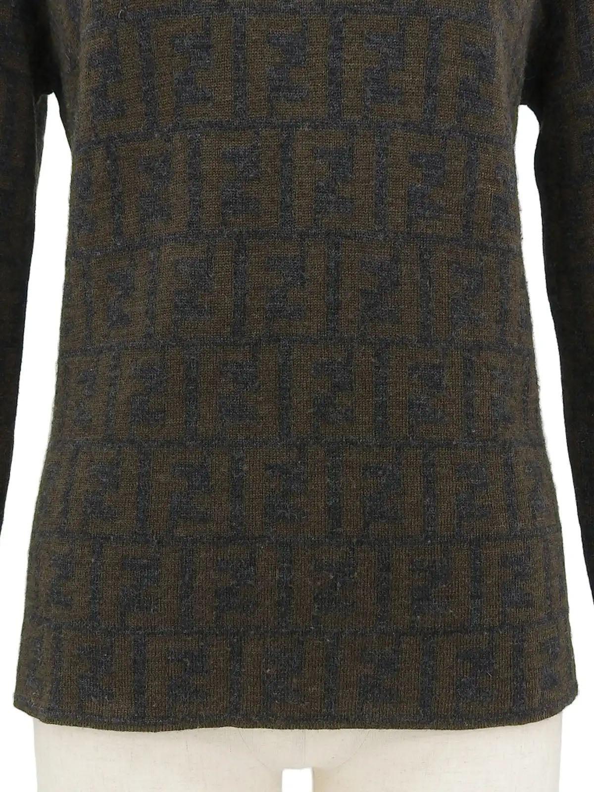Wool FF Zucca Pattern Turtleneck Knit Top in Gray/Khaki