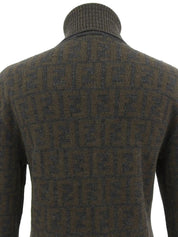 Wool FF Zucca Pattern Turtleneck Knit Top in Gray/Khaki