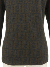 Wool FF Zucca Pattern Turtleneck Knit Top in Gray/Khaki