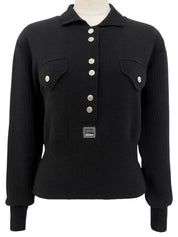 Medusa Button Long Sleeve Knit Top in Black