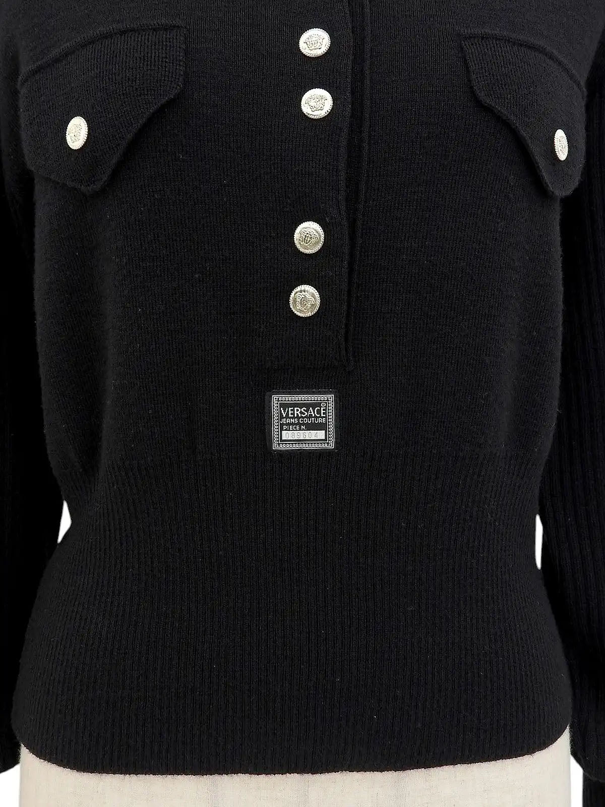 Medusa Button Long Sleeve Knit Top in Black