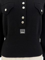 Medusa Button Long Sleeve Knit Top in Black