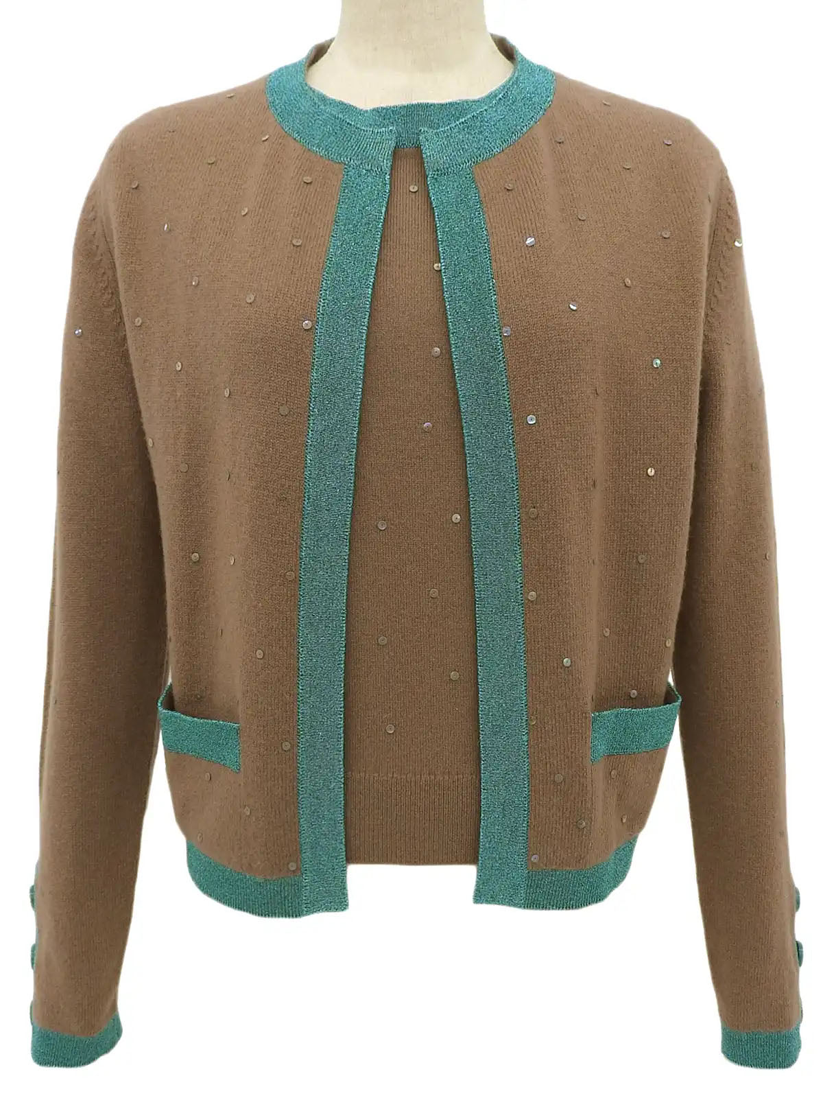 1996 Cashmere CC Mark Button Knit Ensemble, Beige/Mint Green