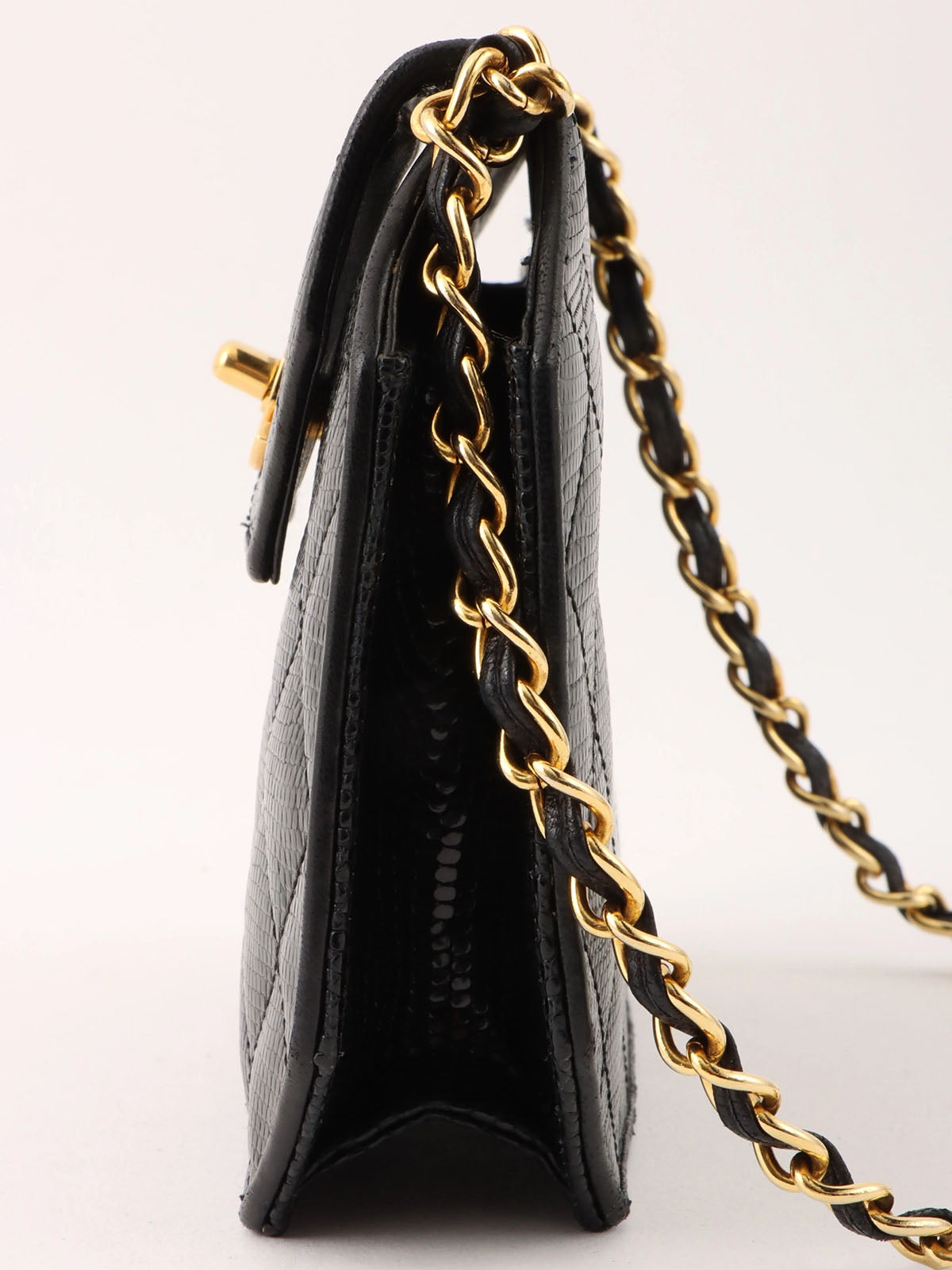 1990's Lizard Octagon CC Turnlock Chain Shoulder Bag in Black