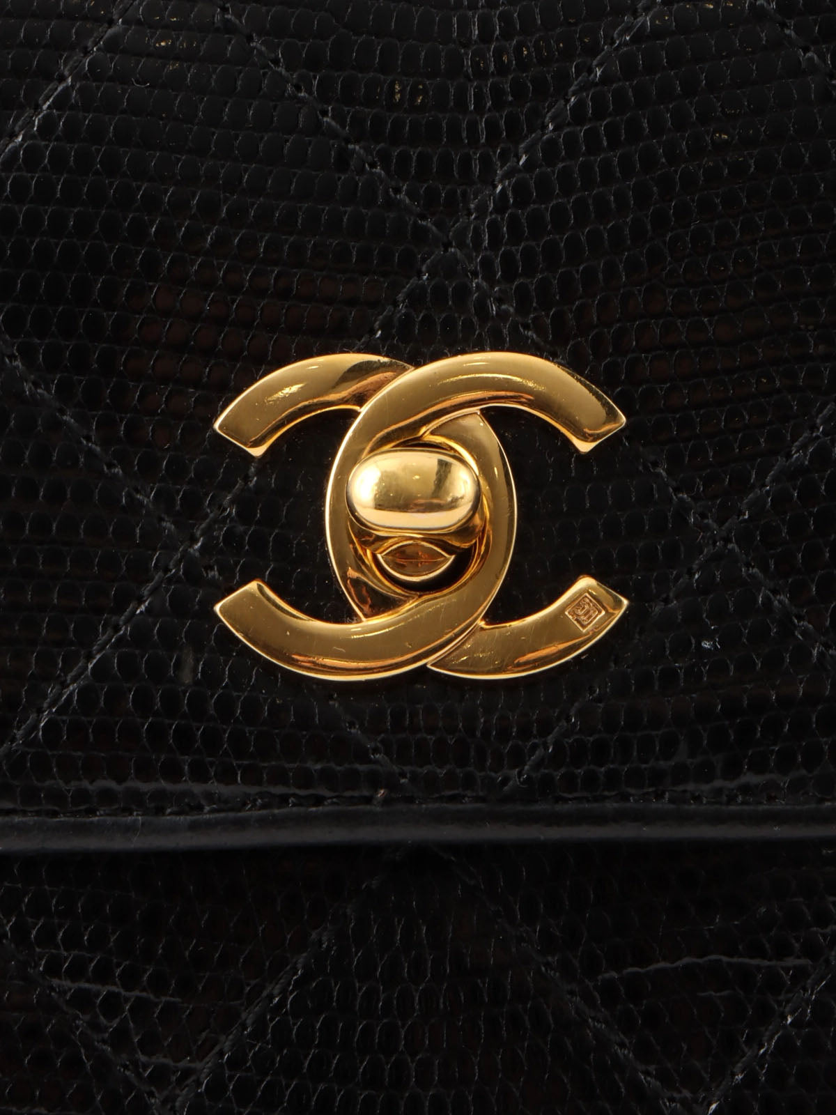 1990's Lizard Octagon CC Turnlock Chain Shoulder Bag in Black