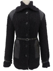 Knit Leather Combination Logo Buckle Coat in Black
