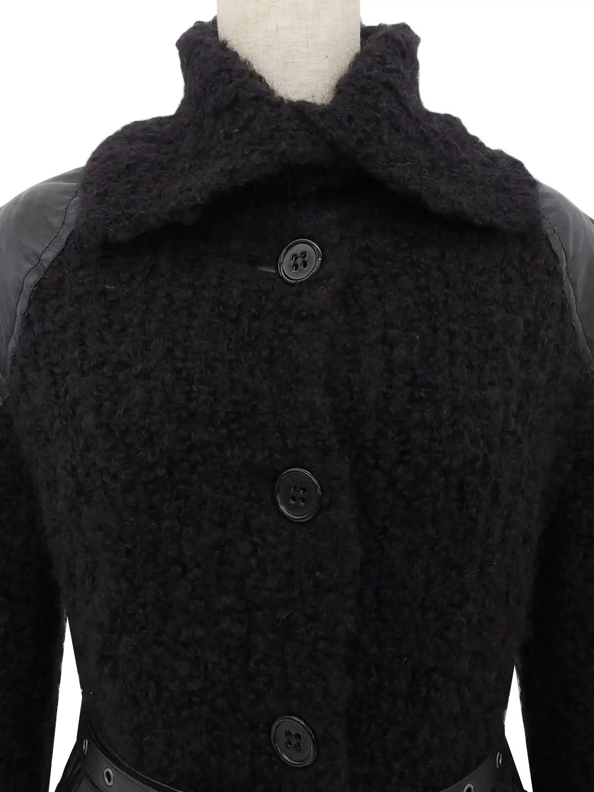 Knit Leather Combination Logo Buckle Coat in Black