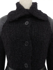 Knit Leather Combination Logo Buckle Coat in Black