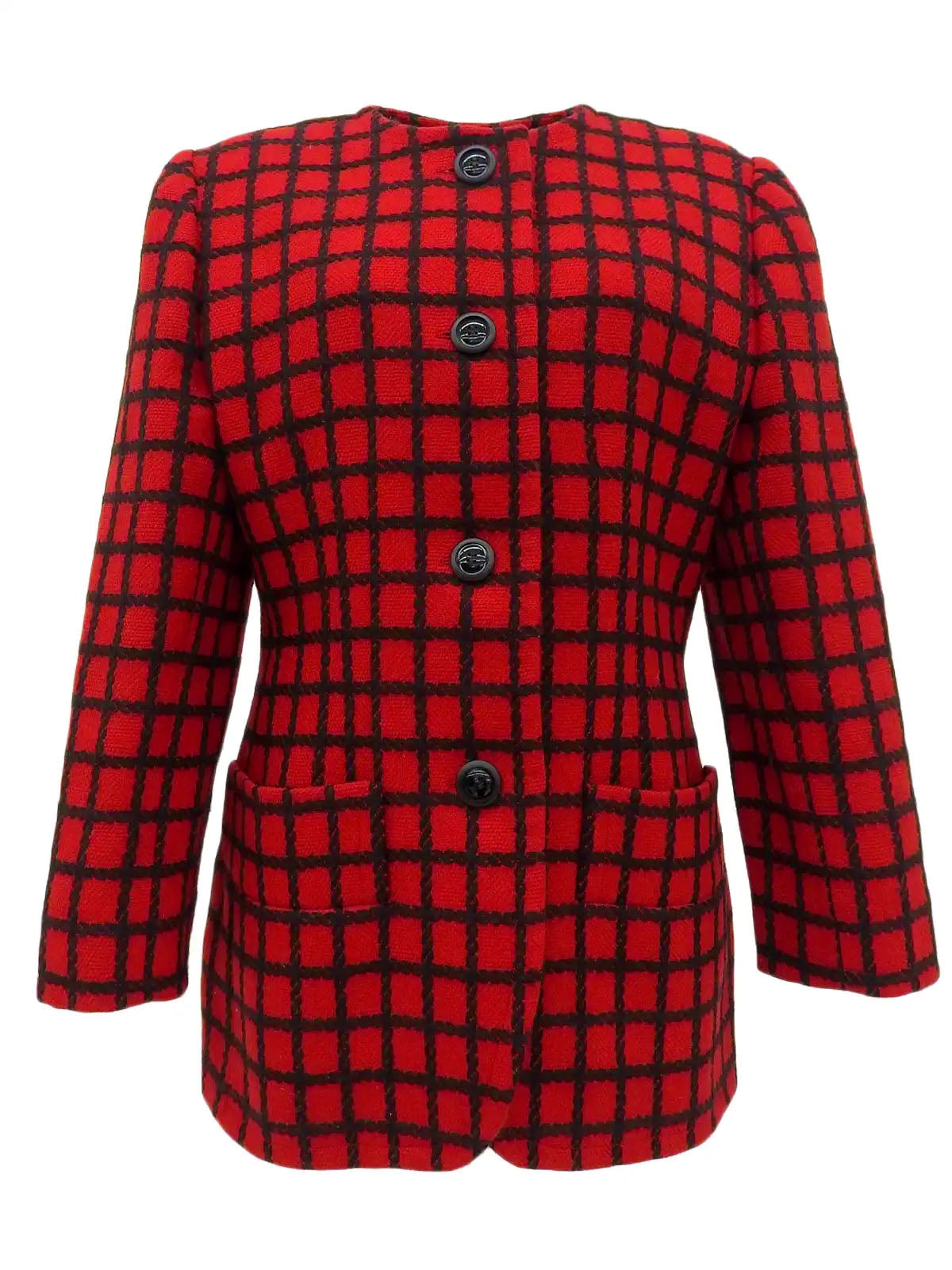 チェックパターンノーカラージャケット レッド／ブラック| VINTAGE QOO