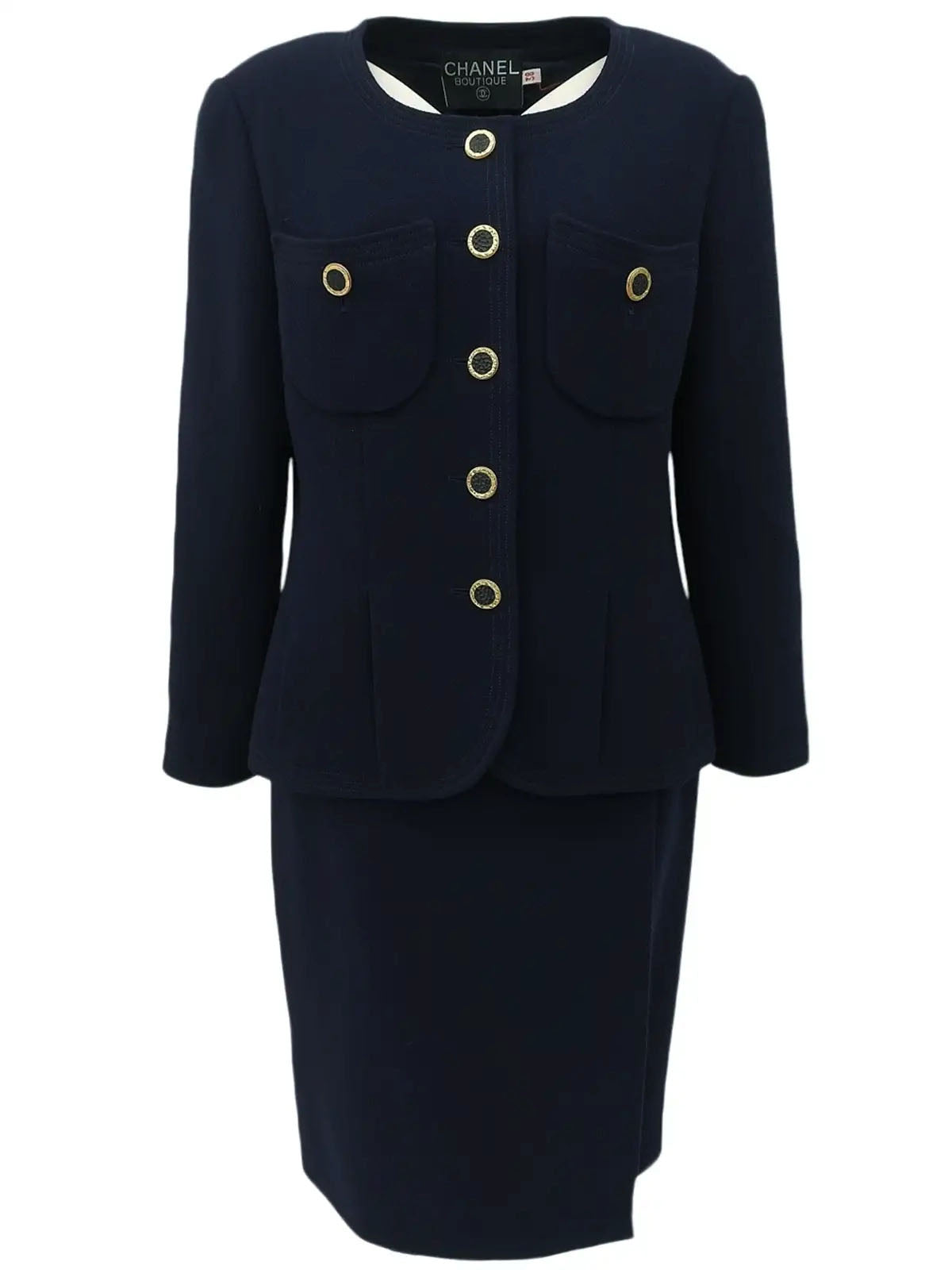 Navy wool design button collarless set