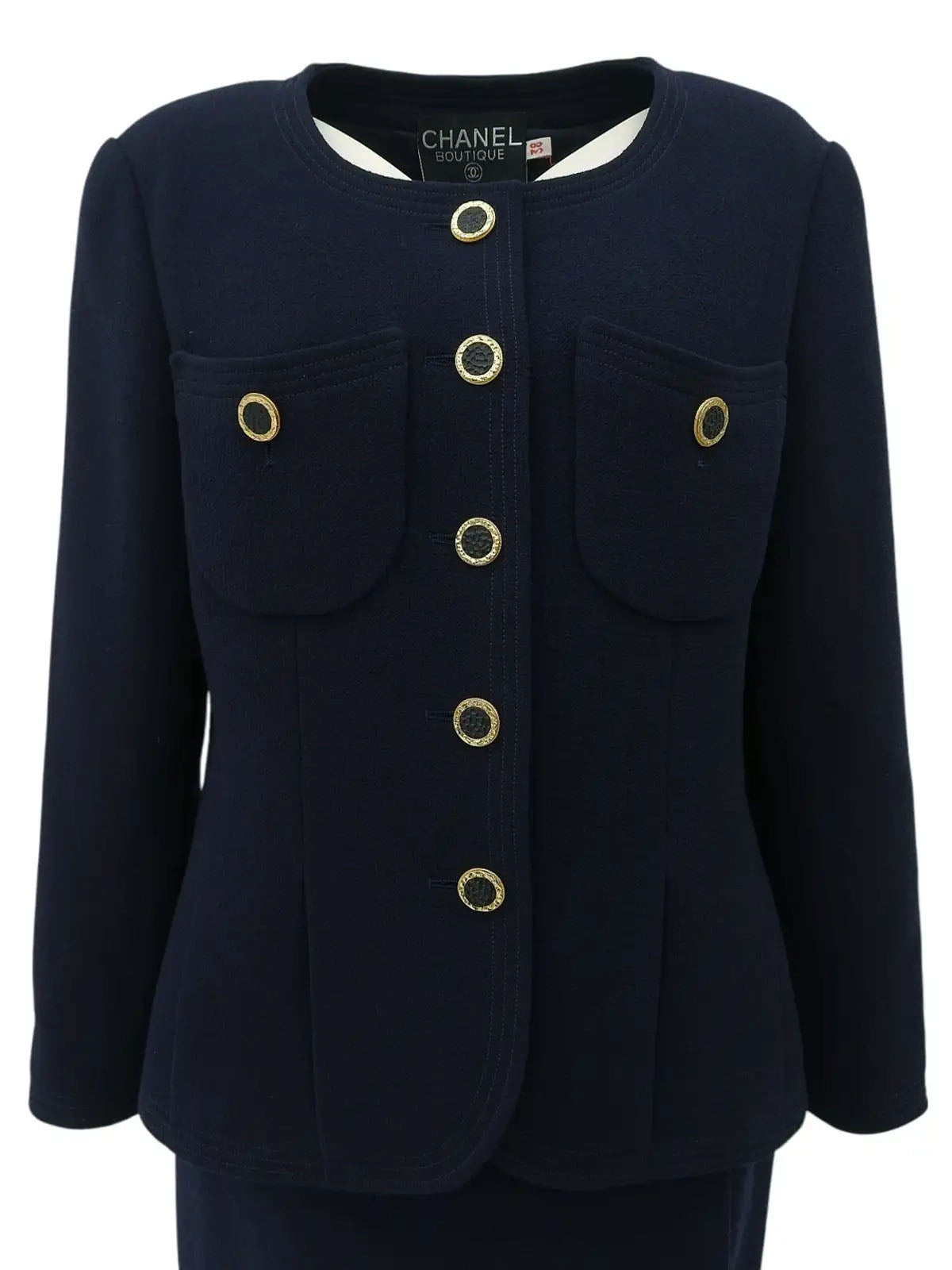 Navy wool design button collarless set