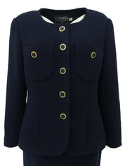 Navy wool design button collarless set