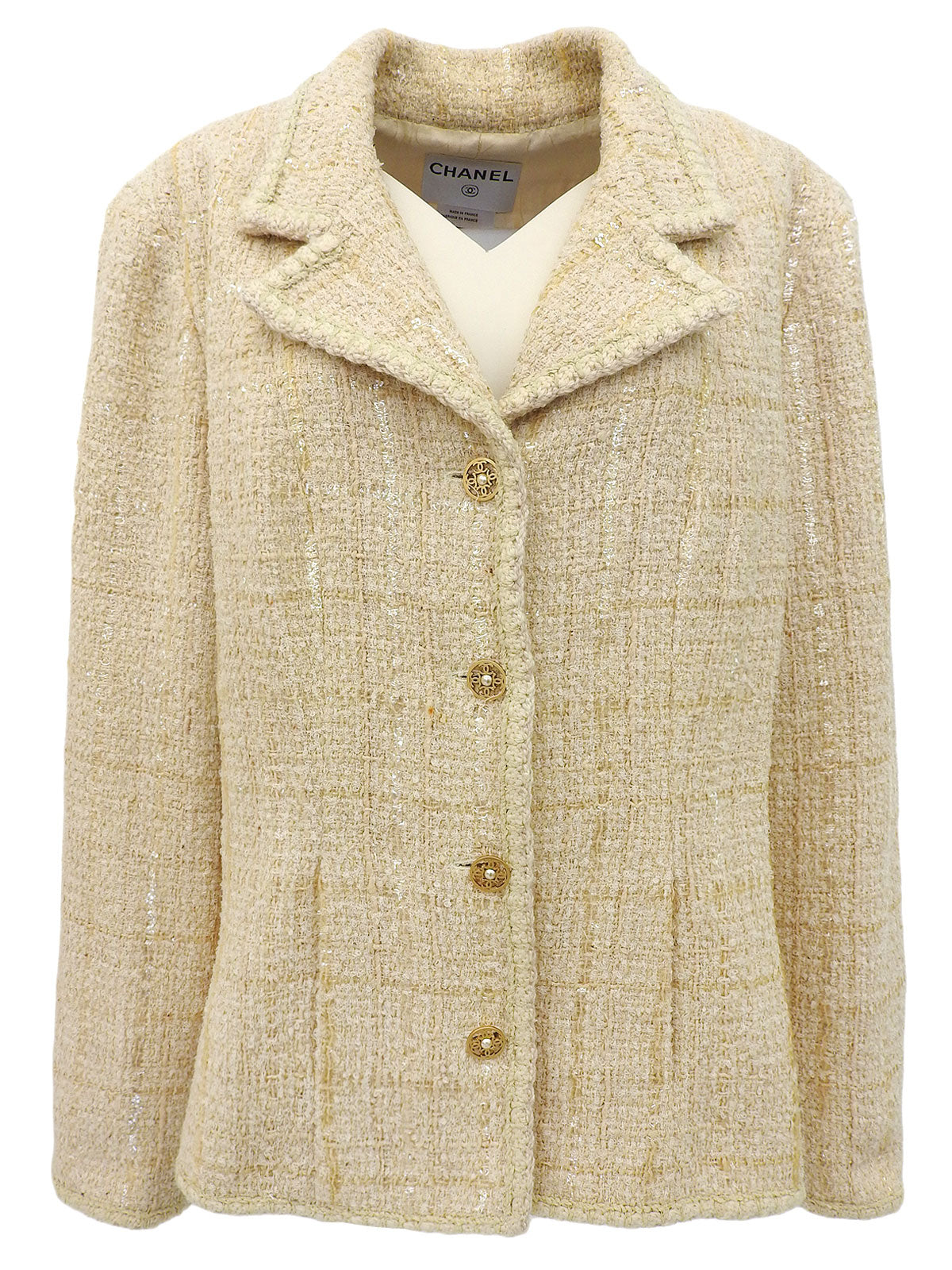 CHANEL ベージュ系ツイード テーラードジャケットロゴボタンM 2025年最新】CHANEL カラー：ベージュ系 テーラードジャケットの