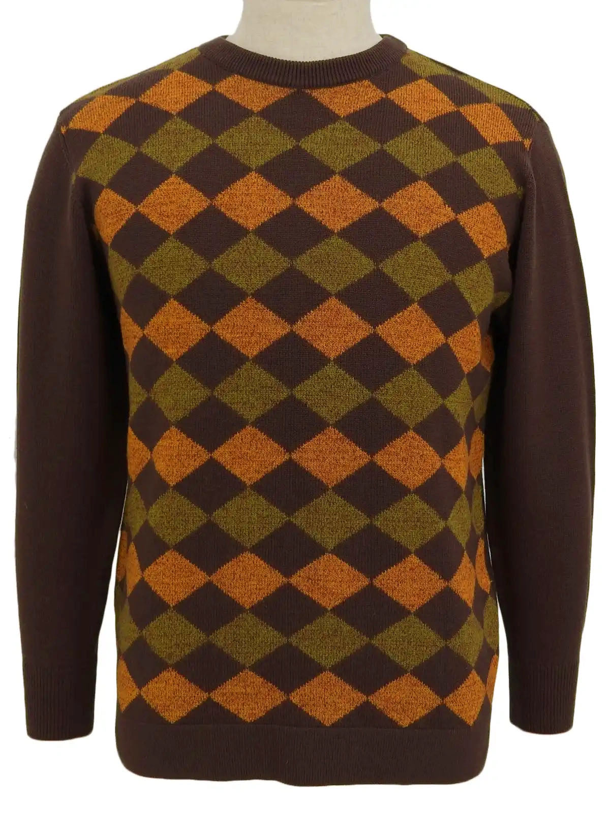 Diamond Pattern Logo Embroidered Long Sleeve Knit Top in Brown/Orange/Khaki