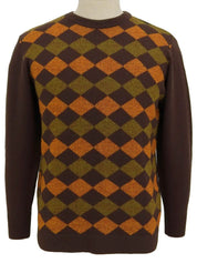 Diamond Pattern Logo Embroidered Long Sleeve Knit Top in Brown/Orange/Khaki