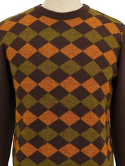 Diamond Pattern Logo Embroidered Long Sleeve Knit Top in Brown/Orange/Khaki