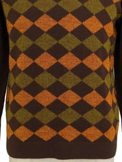 Diamond Pattern Logo Embroidered Long Sleeve Knit Top in Brown/Orange/Khaki