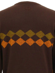 Diamond Pattern Logo Embroidered Long Sleeve Knit Top in Brown/Orange/Khaki