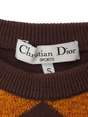 Diamond Pattern Logo Embroidered Long Sleeve Knit Top in Brown/Orange/Khaki