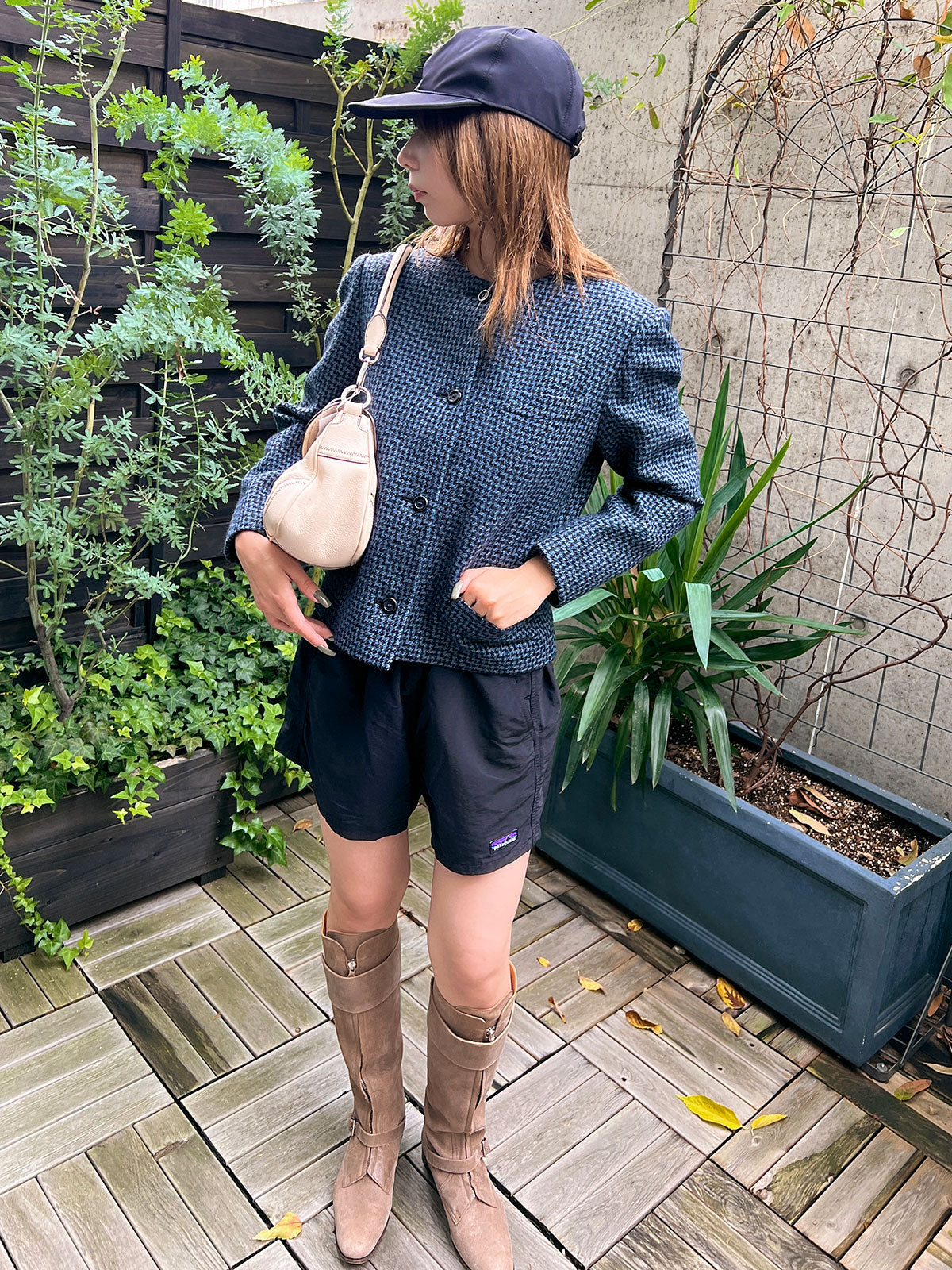 ツイードノーカラージャケット ブルー/ブラック