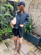 ツイードノーカラージャケット ブルー/ブラック