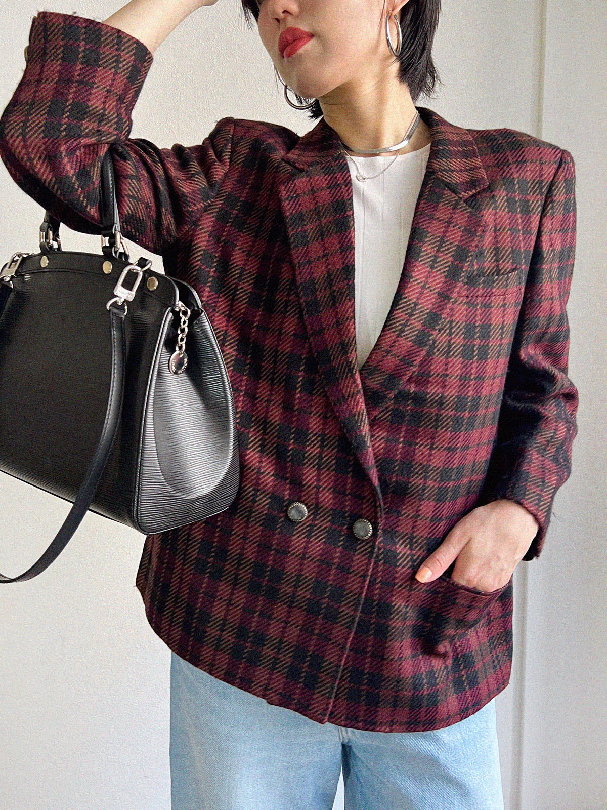 パパ　Belvest ダークブルー チェック柄 テーラードジャケット　44 マルチPLY グレンチェックオーバーペイン ジャケット(11199204