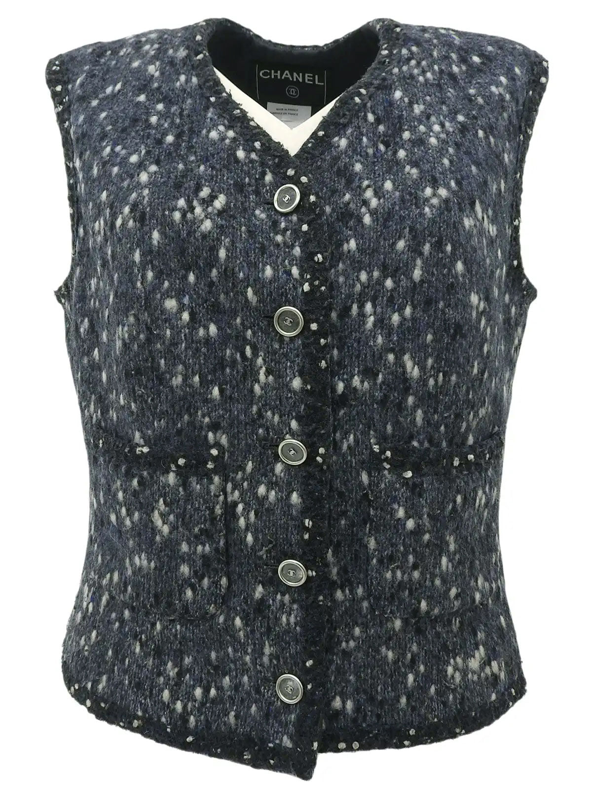 2001 Wool Clear CC Mark Button Knit Vest in Gray/Blue/White