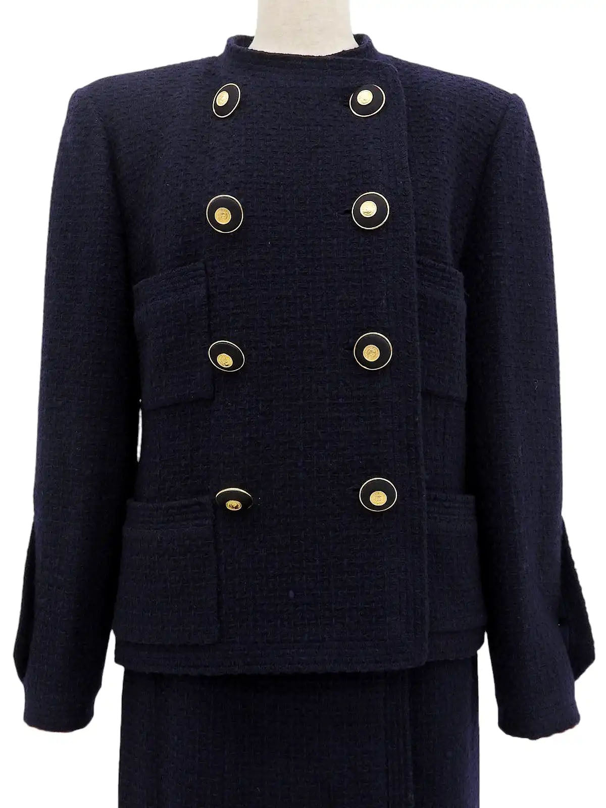 2001 wool collarless button-down set, navy