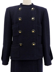 2001 wool collarless button-down set, navy