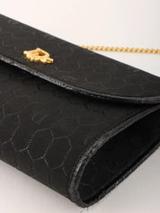 Honeycomb Pattern Logo Plate Chain Bag in Black