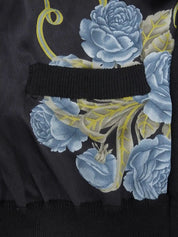 Silk knit combination flower pattern ensemble in black/blue