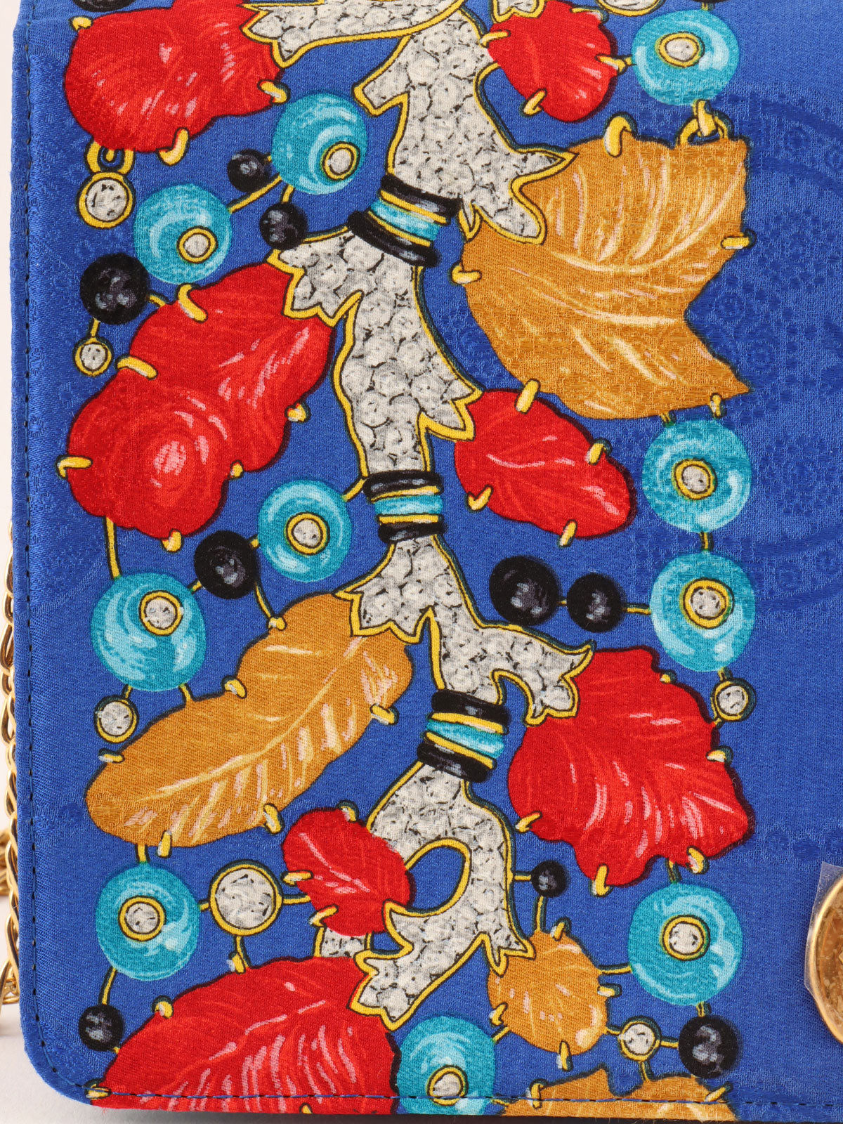 蓝色/多色缎面宝石图案徽标牌链条包