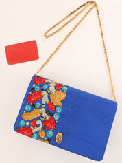 蓝色/多色缎面宝石图案徽标牌链条包