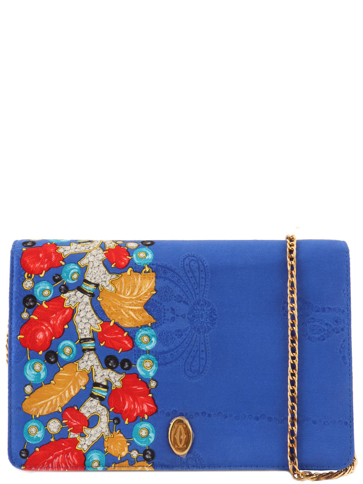 蓝色/多色缎面宝石图案徽标牌链条包