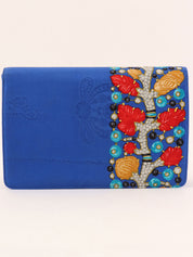 蓝色/多色缎面宝石图案徽标牌链条包