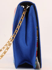 蓝色/多色缎面宝石图案徽标牌链条包