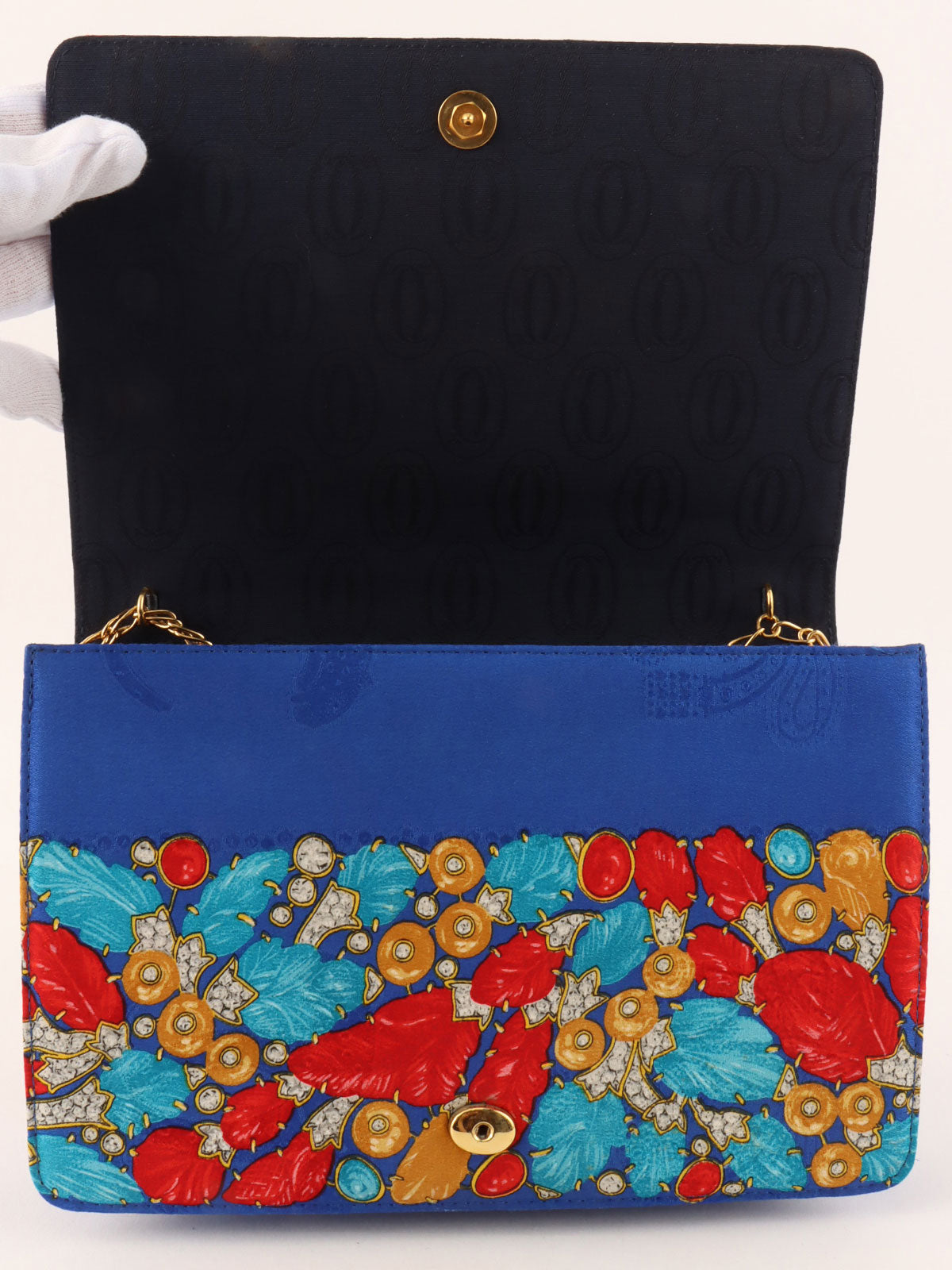 蓝色/多色缎面宝石图案徽标牌链条包