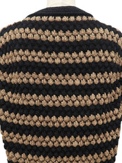 Border Pattern Half Sleeve Knit Cardigan in Brown/Black