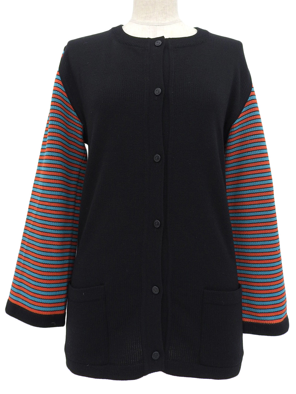 Wool Logo Button Border Sleeve Cardigan in Black/Multi