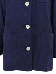 Navy Linen Logo Embroidered Shirt Jacket