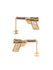 2001 Pistol Motif Swarovski CC Mark Earrings Gold/Black