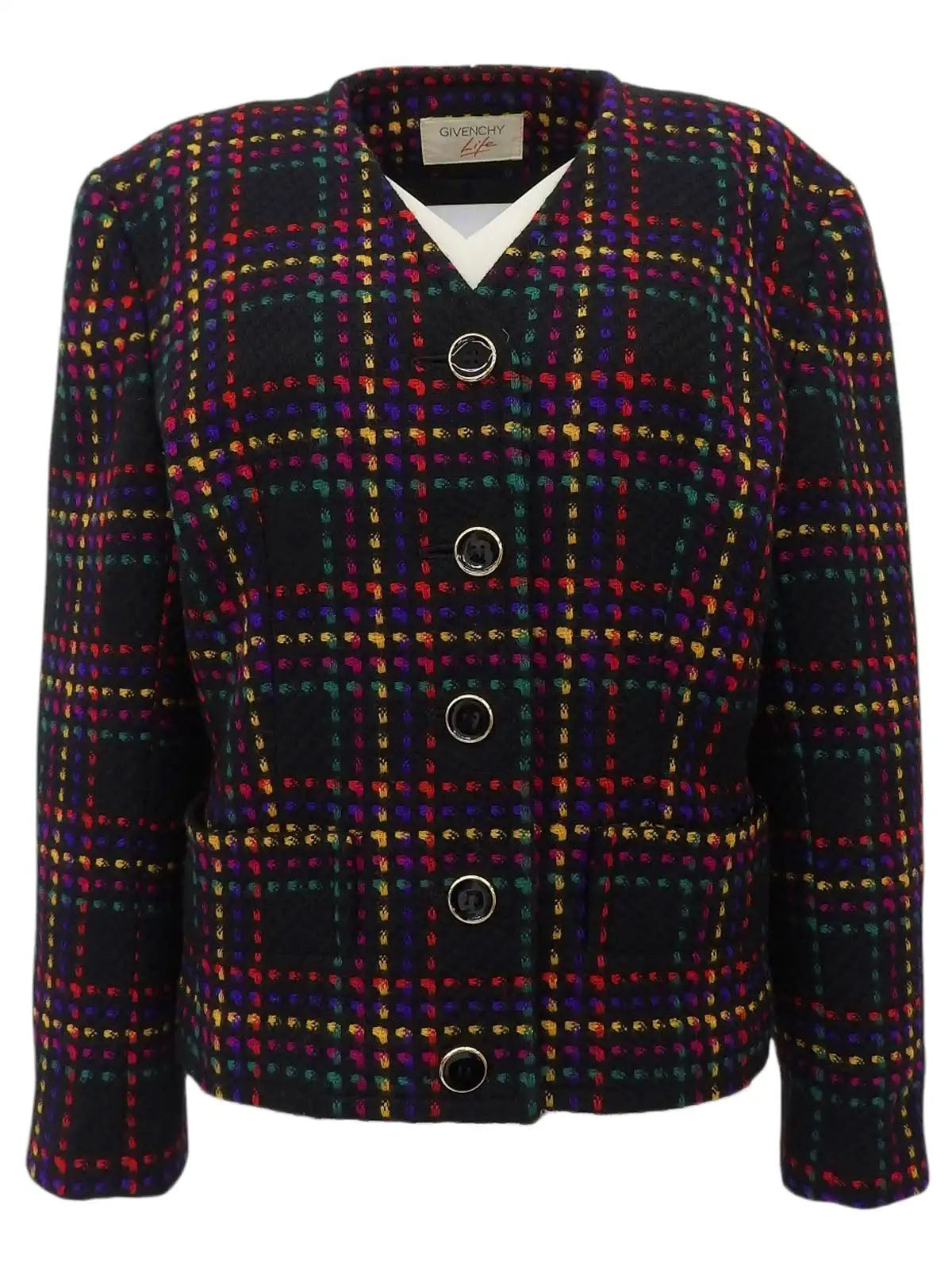 黑色/多色羊毛格纹无领夹克