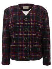 黑色/多色羊毛格纹无领夹克