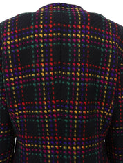 黑色/多色羊毛格纹无领夹克